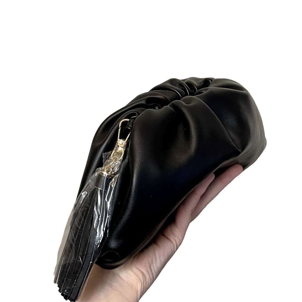 NWT Understated Leather handbag clutch formal design black tassel metallic